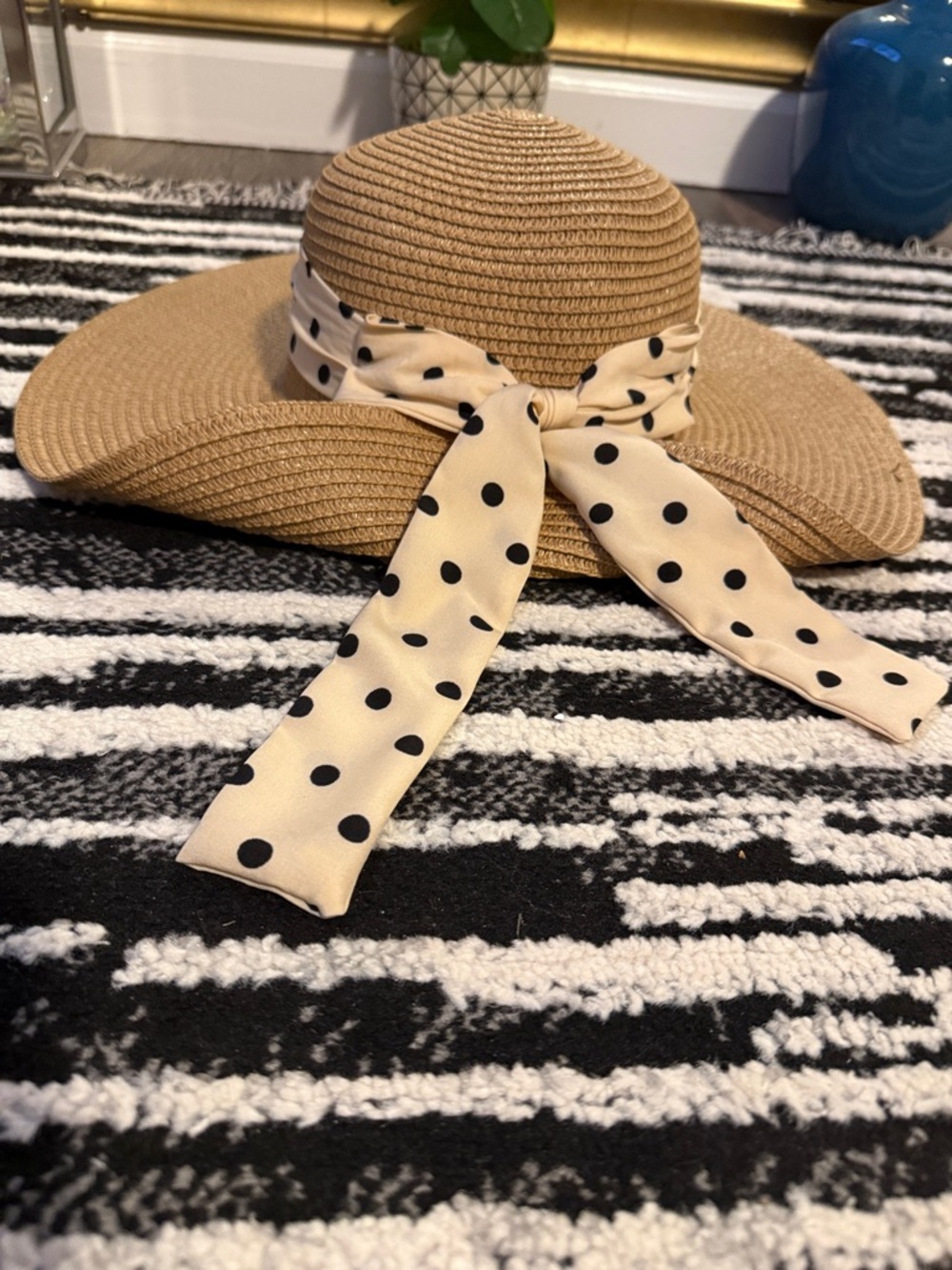 Tan Wide-Brim Straw Sun Hat with Cream Polka Dot Scarf